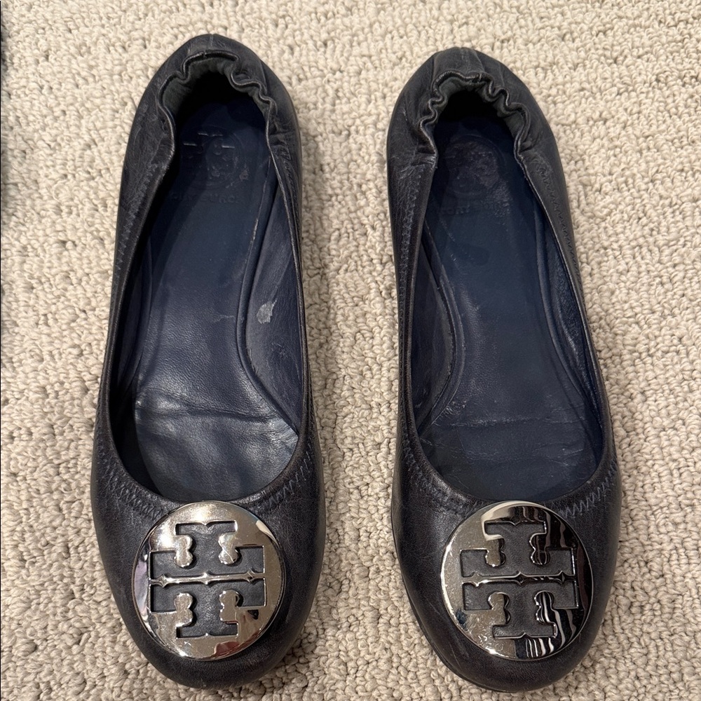 Tory Burch NAVY Leather Flats with Silver Logo